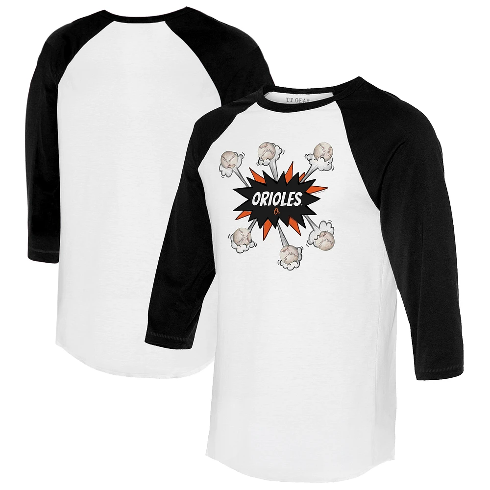 Women's Tiny Turnip White/Black Baltimore Orioles Baseball Pow 3/4-Sleeve Raglan T-Shirt