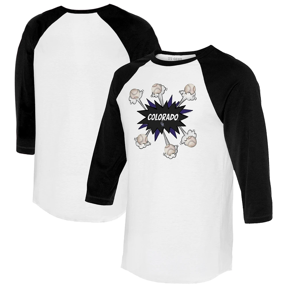 Women's Tiny Turnip White/Black Colorado Rockies Baseball Pow 3/4-Sleeve Raglan T-Shirt