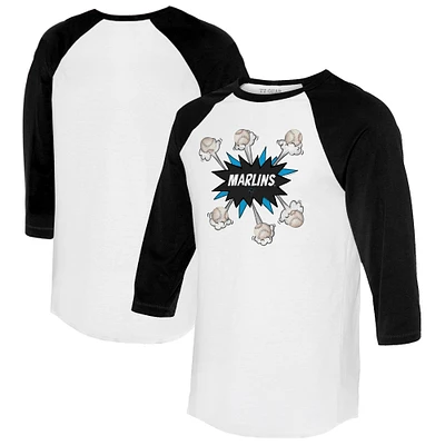 Women's Tiny Turnip White/Black Miami Marlins Baseball Pow 3/4-Sleeve Raglan T-Shirt
