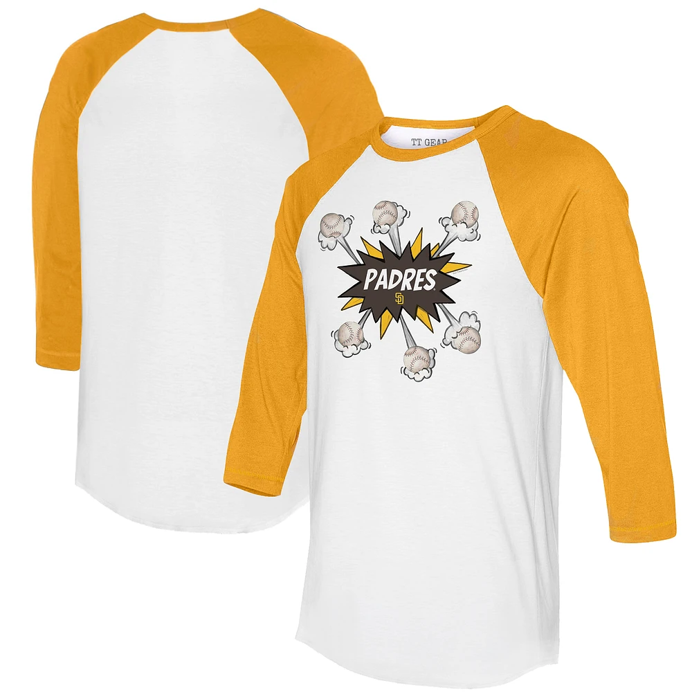 Women's Tiny Turnip White/Gold San Diego Padres Baseball Pow 3/4-Sleeve Raglan T-Shirt