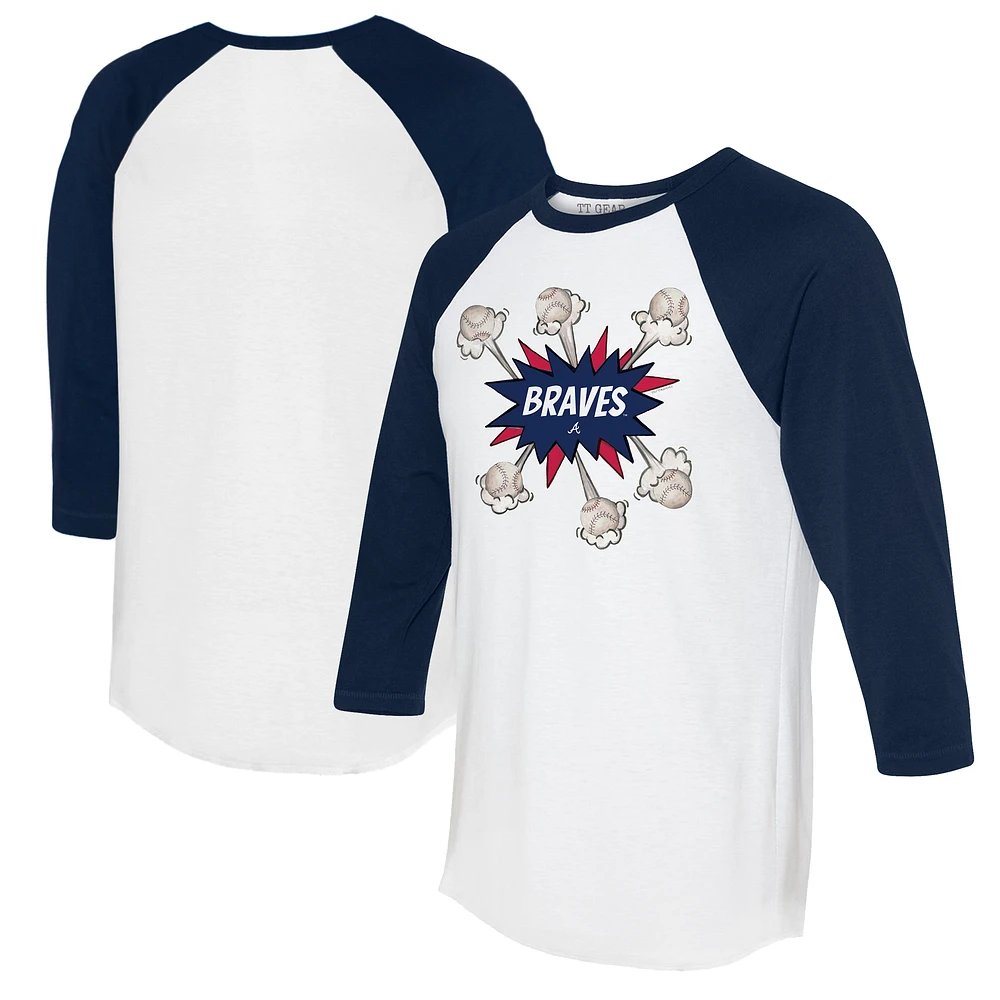 Women's Tiny Turnip White/Navy Atlanta Braves Baseball Pow 3/4-Sleeve Raglan T-Shirt