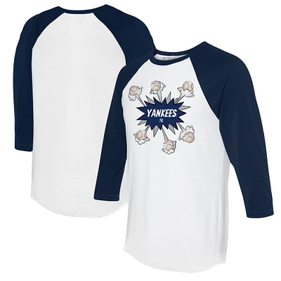 Women's Tiny Turnip White/Navy New York Yankees Baseball Pow 3/4-Sleeve Raglan T-Shirt