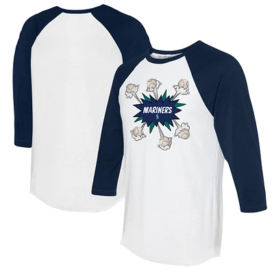 Women's Tiny Turnip White/Navy Seattle Mariners Baseball Pow 3/4-Sleeve Raglan T-Shirt