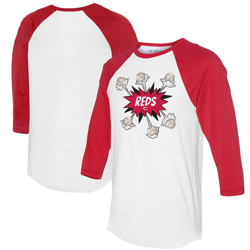 Women's Tiny Turnip White/Red Cincinnati Reds Baseball Pow 3/4-Sleeve Raglan T-Shirt