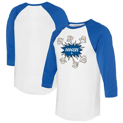 Women's Tiny Turnip White/Royal Los Angeles Dodgers Baseball Pow 3/4-Sleeve Raglan T-Shirt