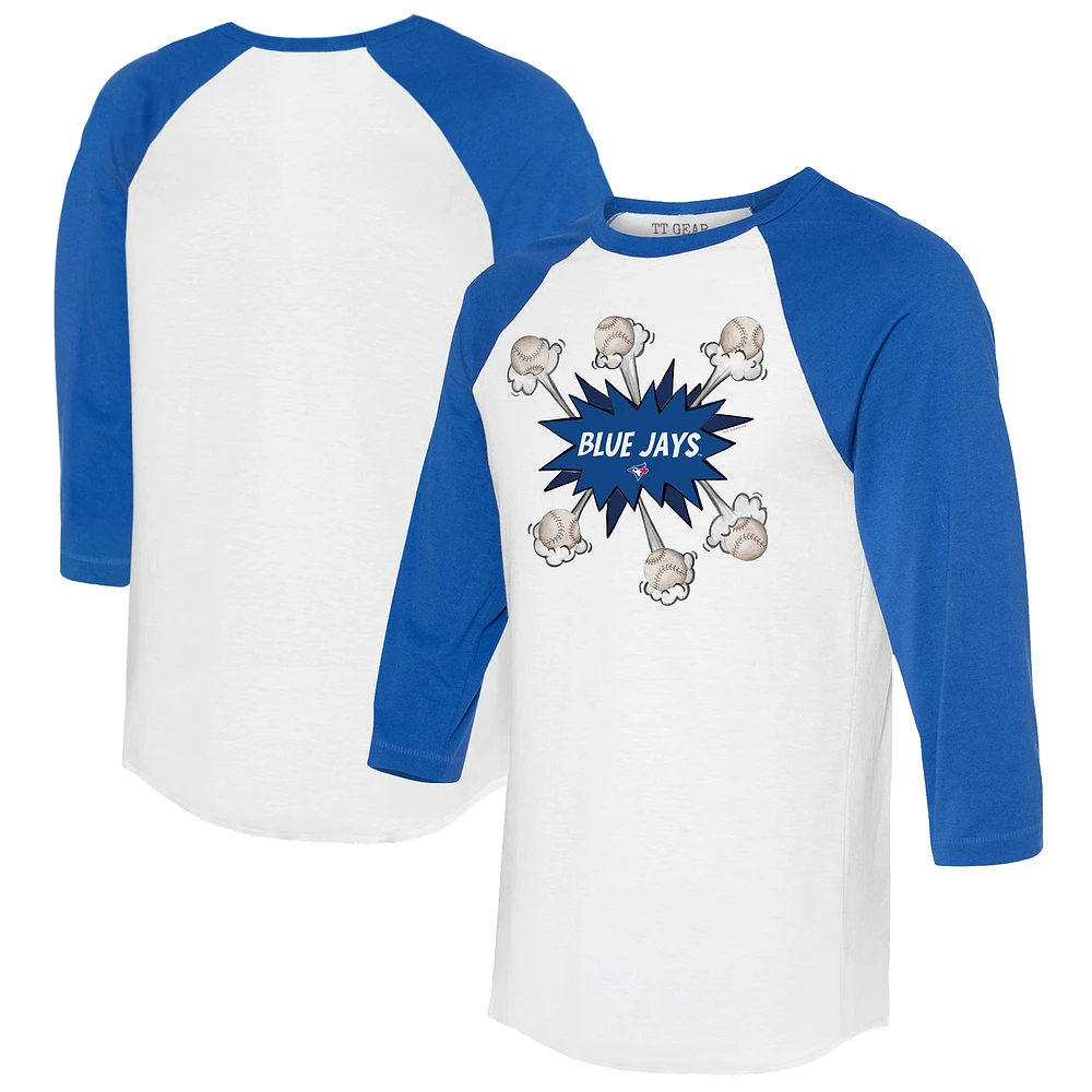 Women's Tiny Turnip White/Royal Toronto Blue Jays Baseball Pow 3/4-Sleeve Raglan T-Shirt