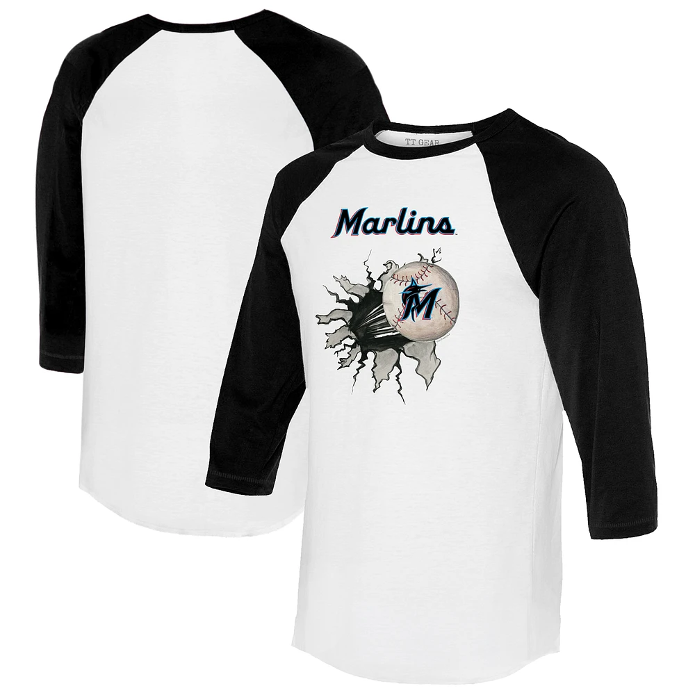 Women's Tiny Turnip White/Black Miami Marlins Baseball Tear 3/4-Sleeve Raglan T-Shirt