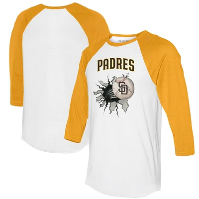 Women's Tiny Turnip White/Gold San Diego Padres Baseball Tear 3/4-Sleeve Raglan T-Shirt