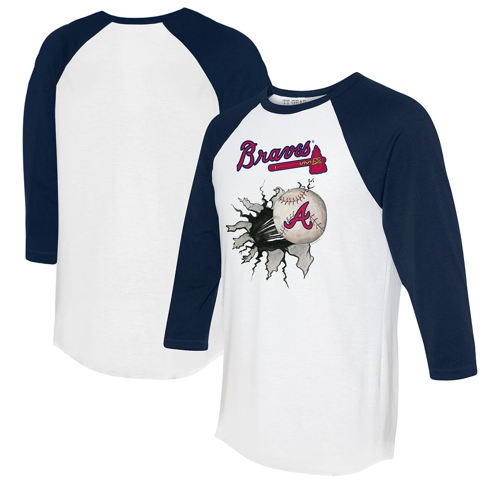 Women's Tiny Turnip White/Navy Atlanta Braves Baseball Tear 3/4-Sleeve Raglan T-Shirt