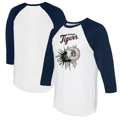 Women's Tiny Turnip White/Navy Detroit Tigers Baseball Tear 3/4-Sleeve Raglan T-Shirt