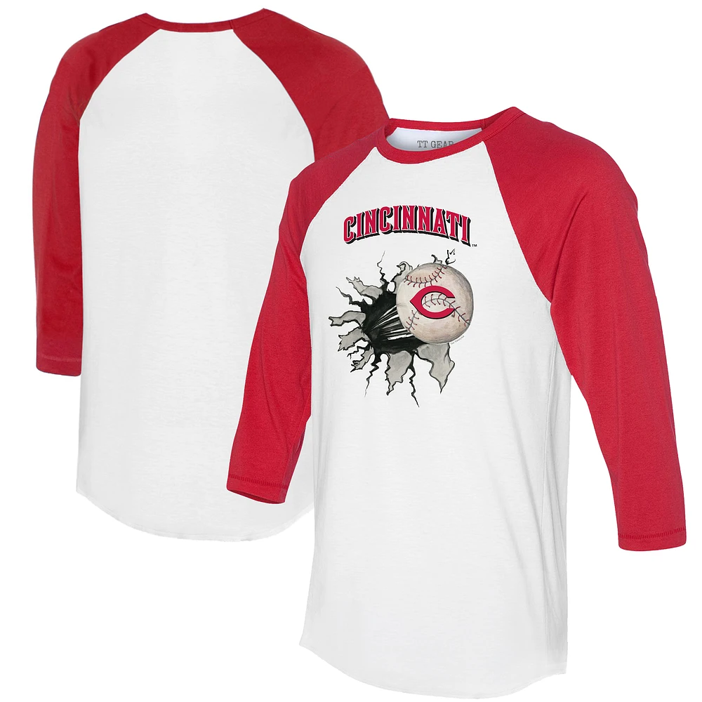 Women's Tiny Turnip White/Red Cincinnati Reds Baseball Tear 3/4-Sleeve Raglan T-Shirt