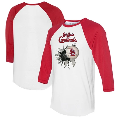 Women's Tiny Turnip White/Red St. Louis Cardinals Baseball Tear 3/4-Sleeve Raglan T-Shirt