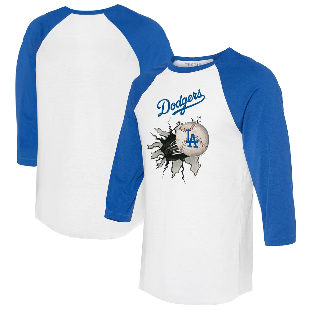 Women's Tiny Turnip White/Royal Los Angeles Dodgers Baseball Tear 3/4-Sleeve Raglan T-Shirt