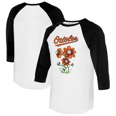 Women's Tiny Turnip White/Black Baltimore Orioles Blooming Baseballs 3/4-Sleeve Raglan T-Shirt