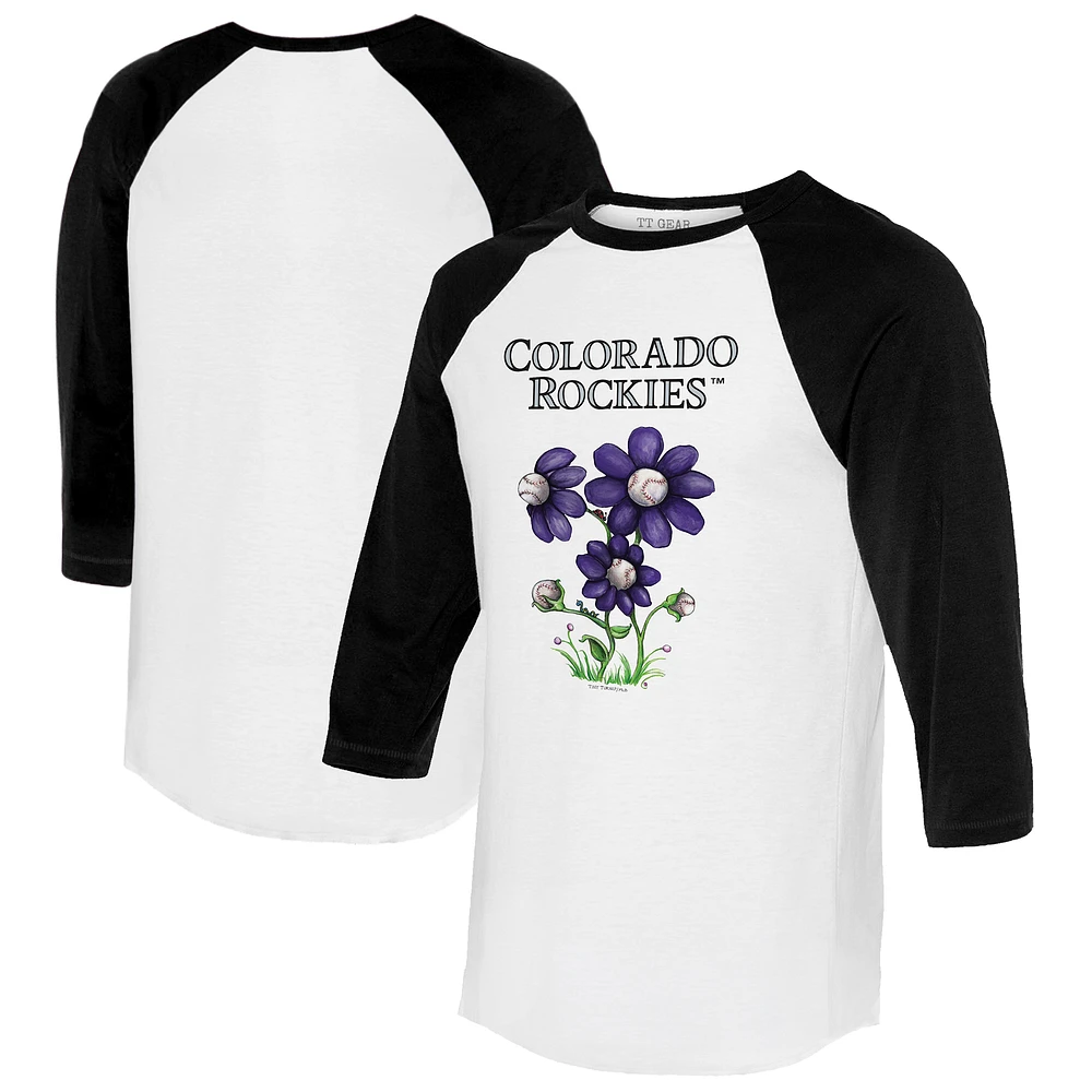 Women's Tiny Turnip White/Black Colorado Rockies Blooming Baseballs 3/4-Sleeve Raglan T-Shirt