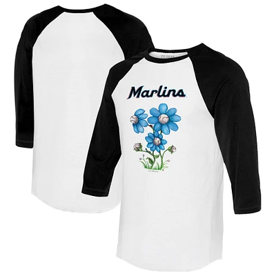 Women's Tiny Turnip White/Black Miami Marlins Blooming Baseballs 3/4-Sleeve Raglan T-Shirt