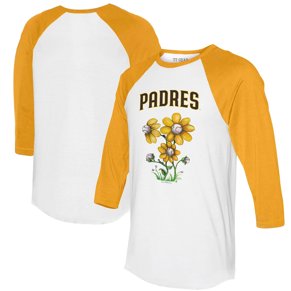 Women's Tiny Turnip White/Gold San Diego Padres Blooming Baseballs 3/4-Sleeve Raglan T-Shirt