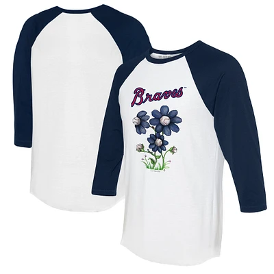 Women's Tiny Turnip White/Navy Atlanta Braves Blooming Baseballs 3/4-Sleeve Raglan T-Shirt