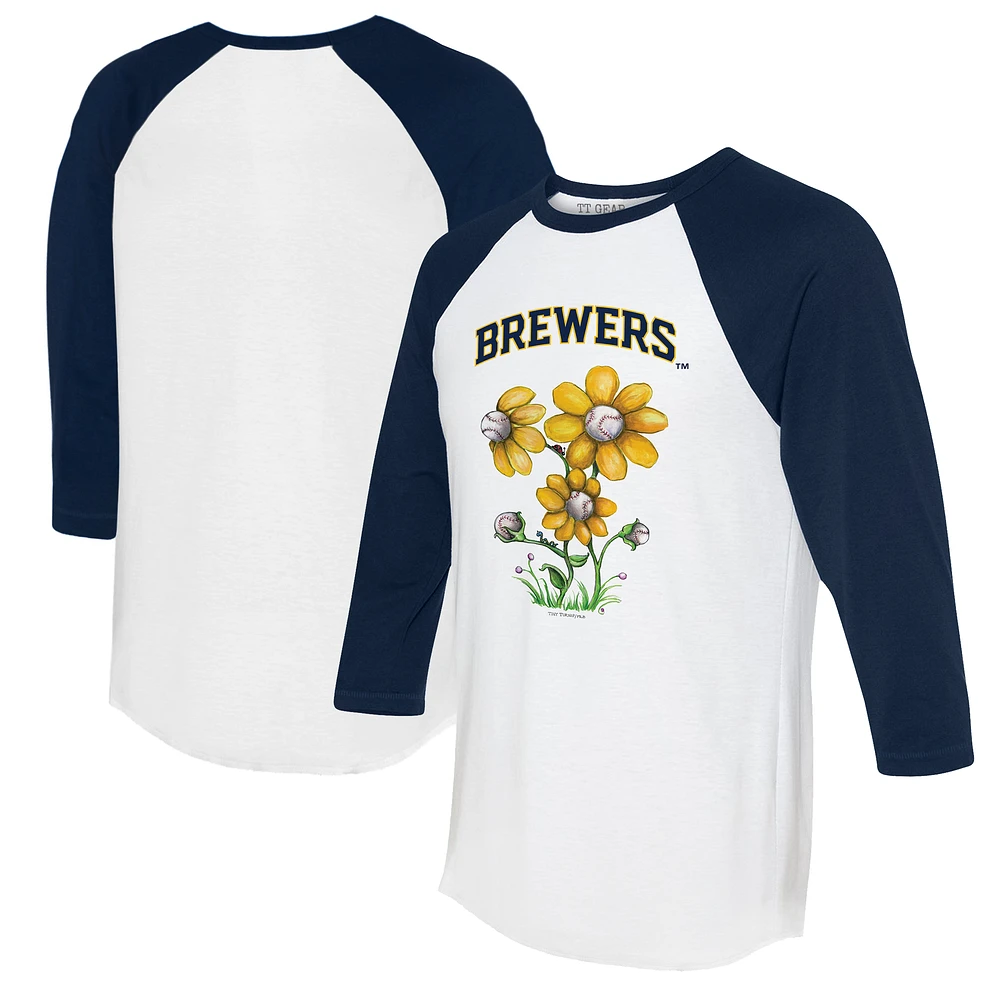 Women's Tiny Turnip White/Navy Milwaukee Brewers Blooming Baseballs 3/4-Sleeve Raglan T-Shirt