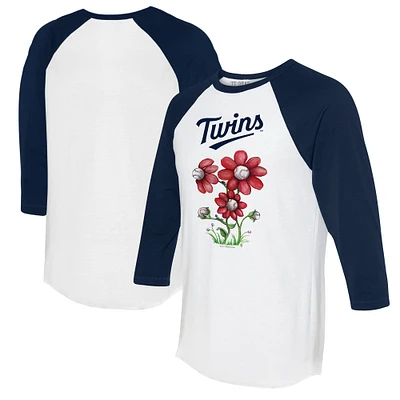 Women's Tiny Turnip White/Navy Minnesota Twins Blooming Baseballs 3/4-Sleeve Raglan T-Shirt