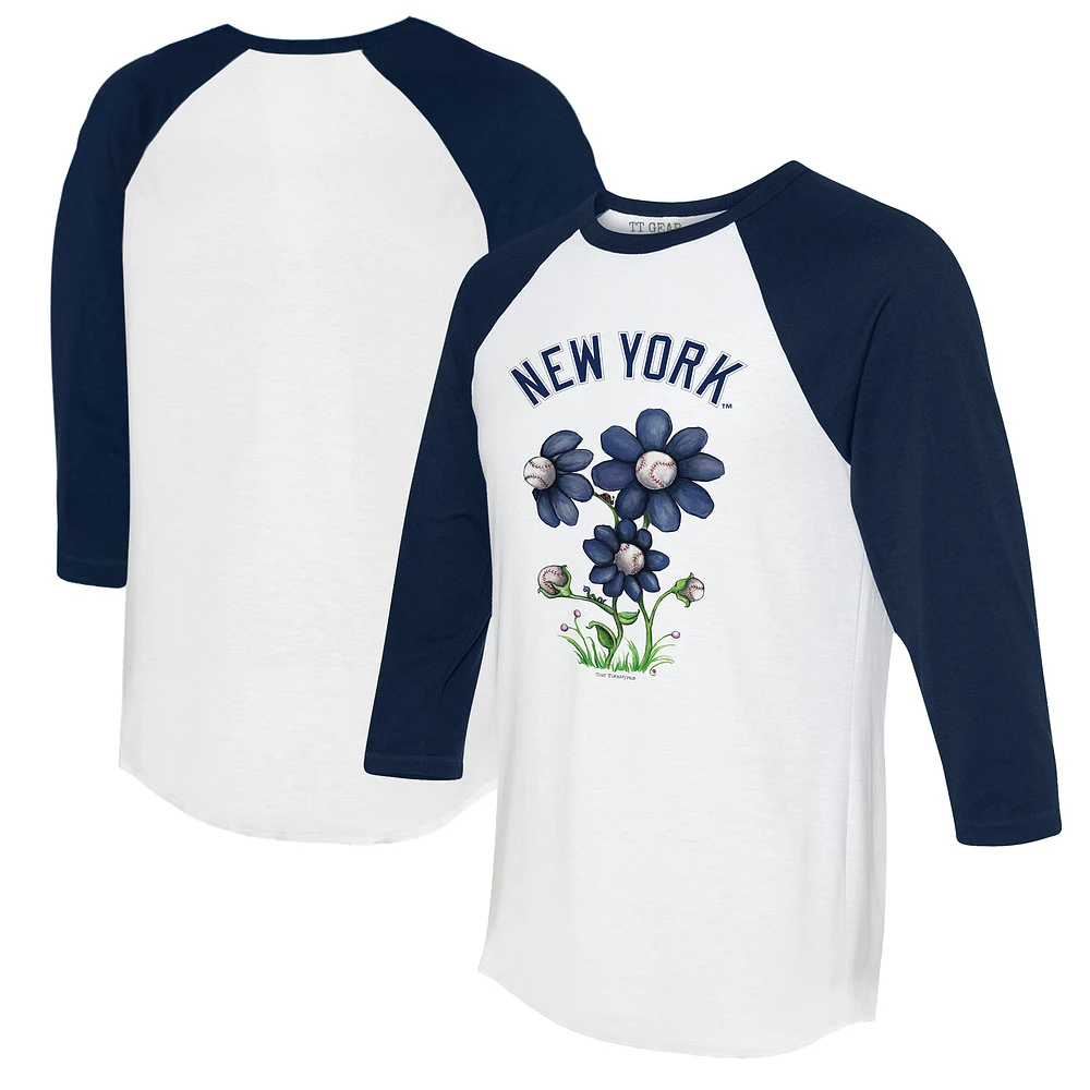 Women's Tiny Turnip White/Navy New York Yankees Blooming Baseballs 3/4-Sleeve Raglan T-Shirt