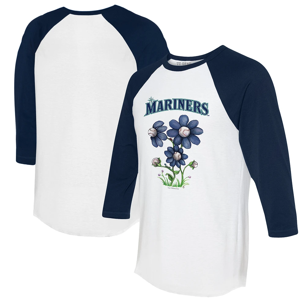 Women's Tiny Turnip White/Navy Seattle Mariners Blooming Baseballs 3/4-Sleeve Raglan T-Shirt