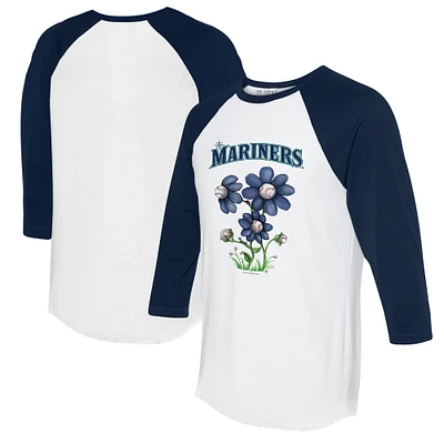 Women's Tiny Turnip White/Navy Seattle Mariners Blooming Baseballs 3/4-Sleeve Raglan T-Shirt