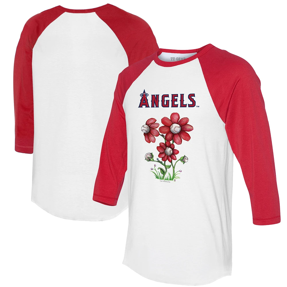 Women's Tiny Turnip White/Red Los Angeles Angels Blooming Baseballs 3/4-Sleeve Raglan T-Shirt