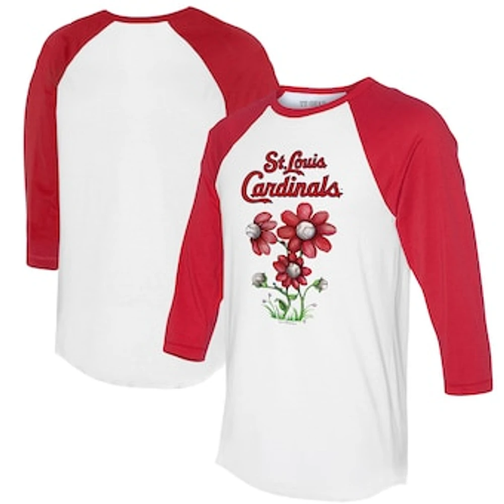 Women's Tiny Turnip White/Red St. Louis Cardinals Blooming Baseballs 3/4-Sleeve Raglan T-Shirt