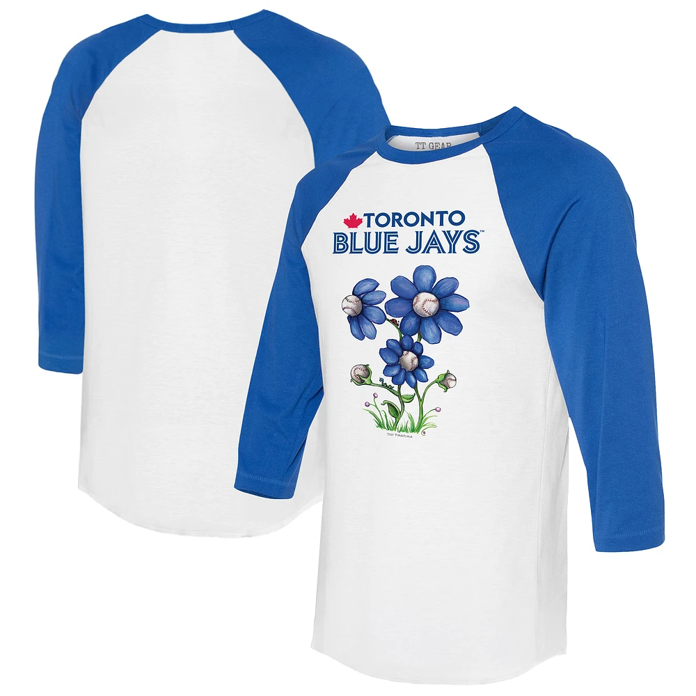 Women's Tiny Turnip White/Royal Toronto Blue Jays Blooming Baseballs 3/4-Sleeve Raglan T-Shirt