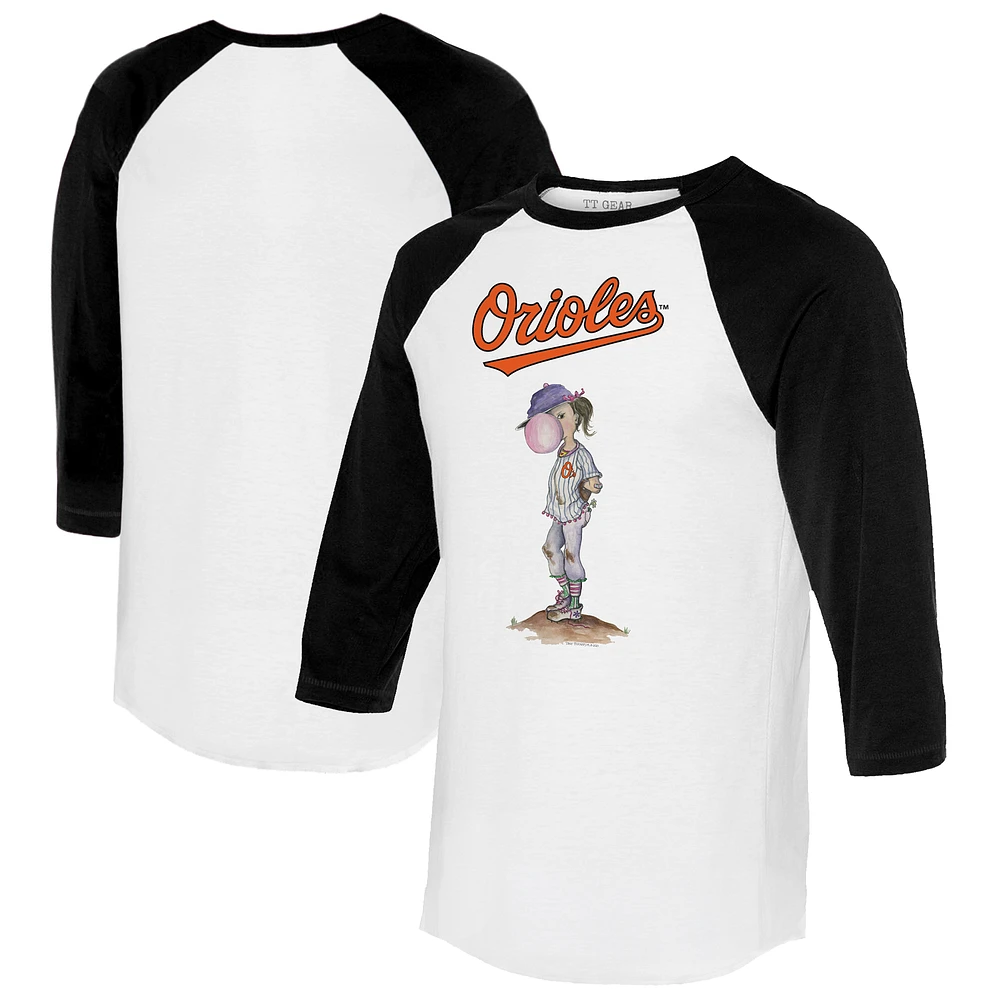 Women's Tiny Turnip White/Black Baltimore Orioles Bubbles 3/4-Sleeve Raglan T-Shirt