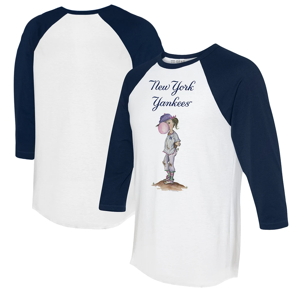 Women's Tiny Turnip White/Navy New York Yankees Bubbles 3/4-Sleeve Raglan T-Shirt