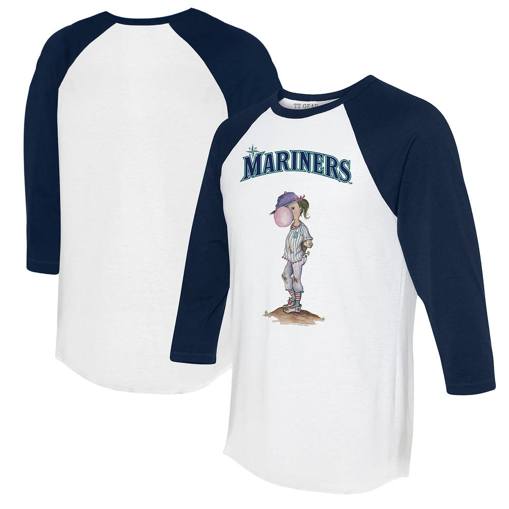 Women's Tiny Turnip White/Navy Seattle Mariners Bubbles 3/4-Sleeve Raglan T-Shirt