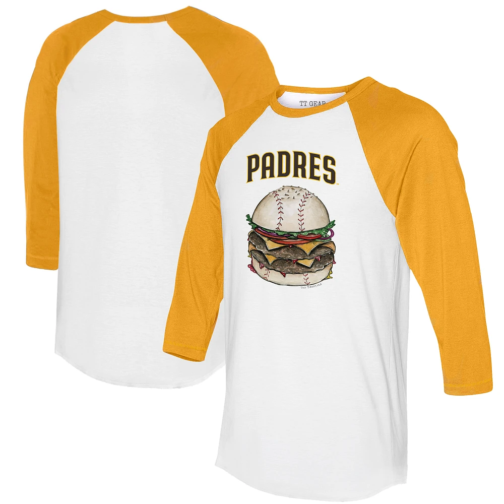 Women's Tiny Turnip White/Gold San Diego Padres Burger 3/4-Sleeve Raglan T-Shirt
