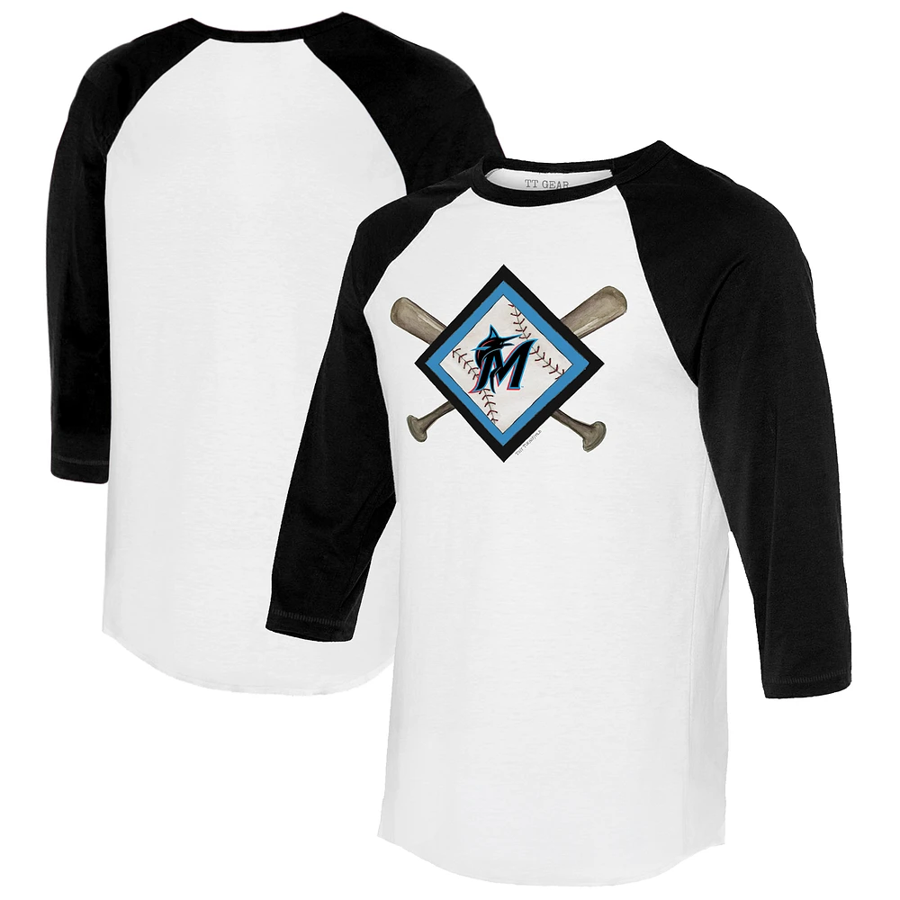 Women's Tiny Turnip White/Black Miami Marlins Diamond Cross Bats 3/4-Sleeve Raglan T-Shirt