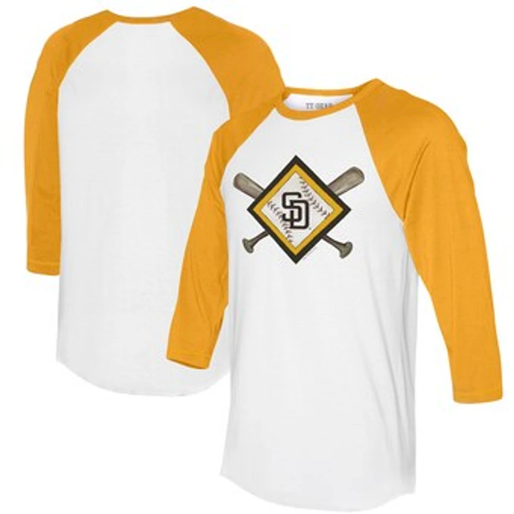 Women's Tiny Turnip White/Gold San Diego Padres Diamond Cross Bats 3/4-Sleeve Raglan T-Shirt
