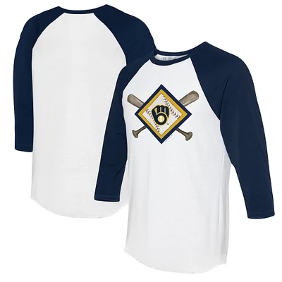 Women's Tiny Turnip White/Navy Milwaukee Brewers Diamond Cross Bats 3/4-Sleeve Raglan T-Shirt