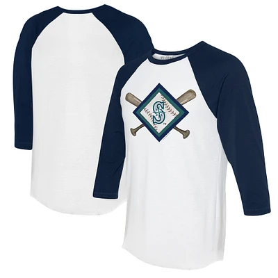 Women's Tiny Turnip White/Navy Seattle Mariners Diamond Cross Bats 3/4-Sleeve Raglan T-Shirt