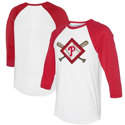 Women's Tiny Turnip White/Red Philadelphia Phillies Diamond Cross Bats 3/4-Sleeve Raglan T-Shirt