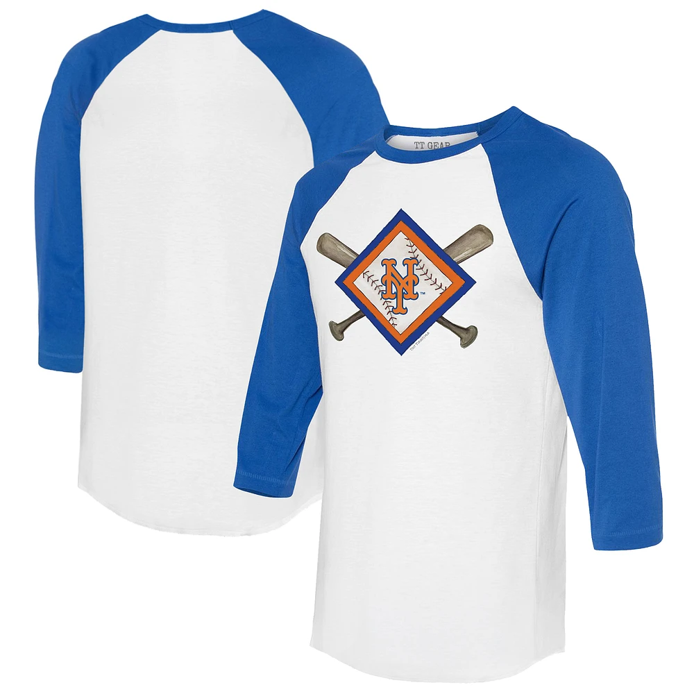 Women's Tiny Turnip White/Royal New York Mets Diamond Cross Bats 3/4-Sleeve Raglan T-Shirt