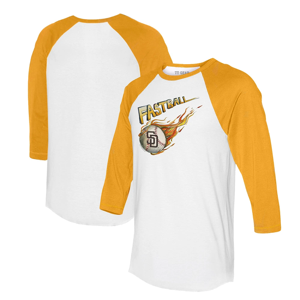 Women's Tiny Turnip White/Gold San Diego Padres Fastball 3/4-Sleeve Raglan T-Shirt