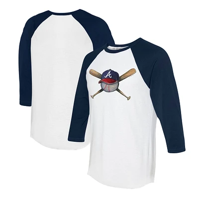 Women's Tiny Turnip White/Navy Atlanta Braves Hat Crossbats 3/4-Sleeve Raglan T-Shirt