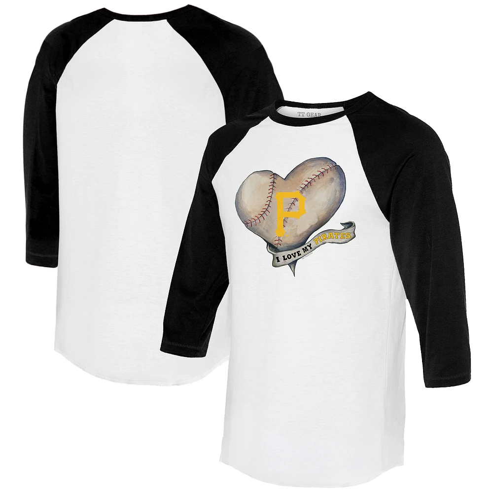 Women's Tiny Turnip White/Black Pittsburgh Pirates Heart Banner 3/4-Sleeve Raglan T-Shirt