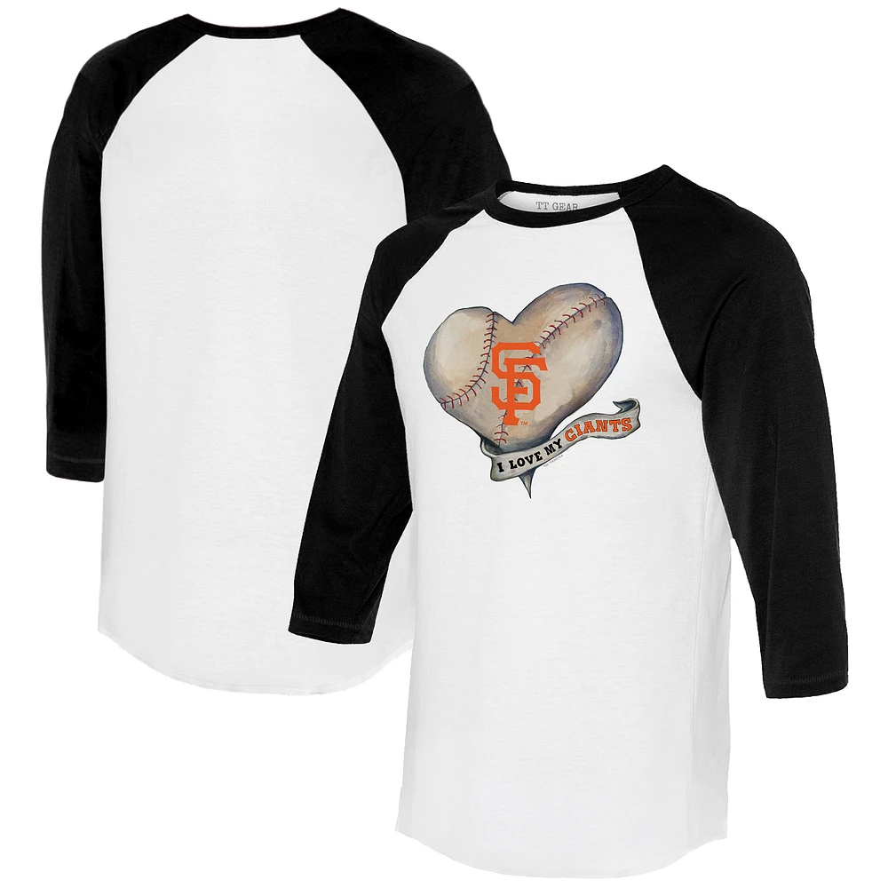 Women's Tiny Turnip White/Black San Francisco Giants Heart Banner 3/4-Sleeve Raglan T-Shirt