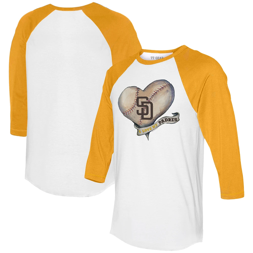 Women's Tiny Turnip White/Gold San Diego Padres Heart Banner 3/4-Sleeve Raglan T-Shirt