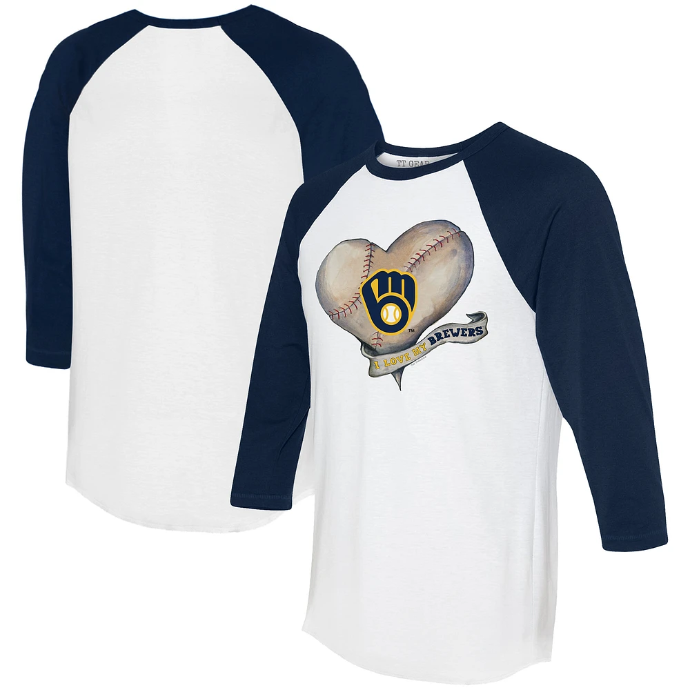 Women's Tiny Turnip White/Navy Milwaukee Brewers Heart Banner 3/4-Sleeve Raglan T-Shirt