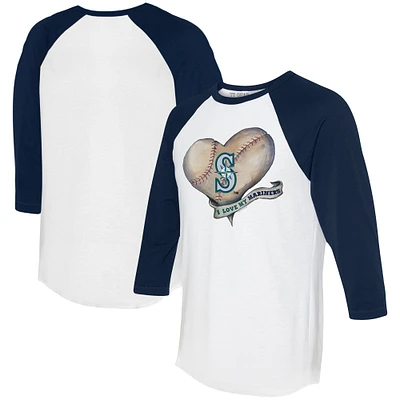 Women's Tiny Turnip White/Navy Seattle Mariners Heart Banner 3/4-Sleeve Raglan T-Shirt