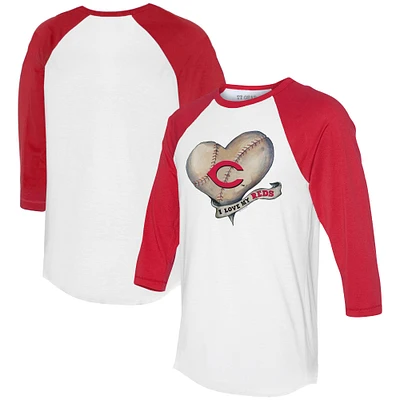 Women's Tiny Turnip White/Red Cincinnati Reds Heart Banner 3/4-Sleeve Raglan T-Shirt