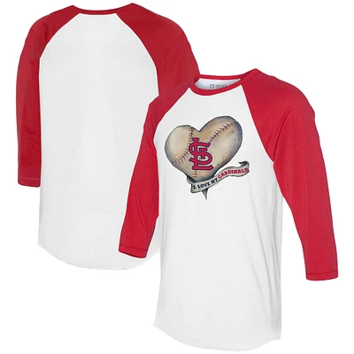 Women's Tiny Turnip White/Red St. Louis Cardinals Heart Banner 3/4-Sleeve Raglan T-Shirt