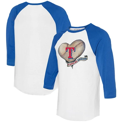 Women's Tiny Turnip White/Royal Texas Rangers Heart Banner 3/4-Sleeve Raglan T-Shirt